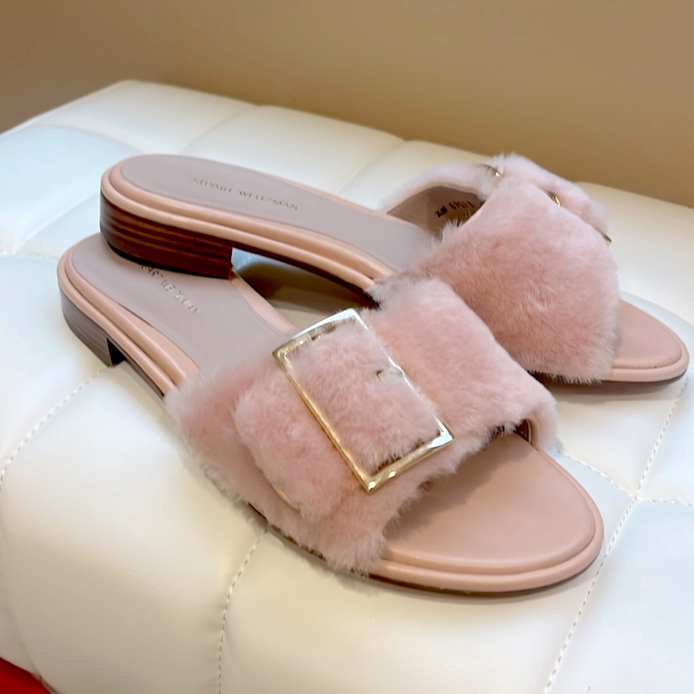 Gold and Pink Fuzzy Stuart Weitzman slides. Perfect Condition